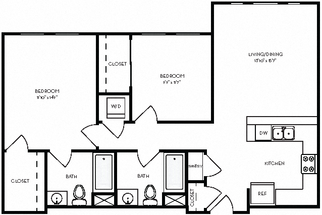 Floor plan for 2 beds, 2 baths, 968 sqft